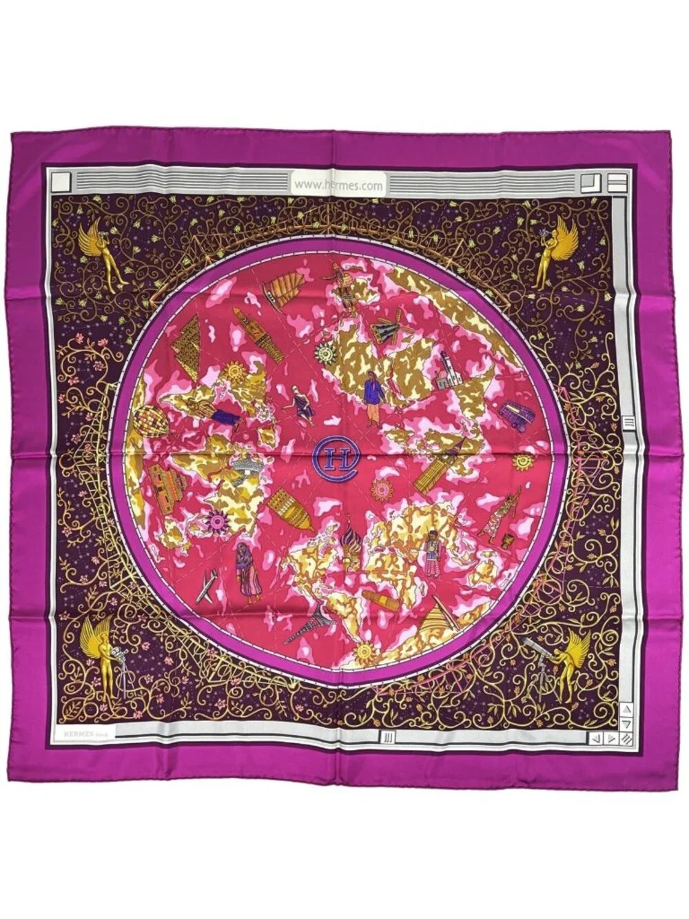 Hermes Carre 90 World Map Scarf Silk Purple Multicolor